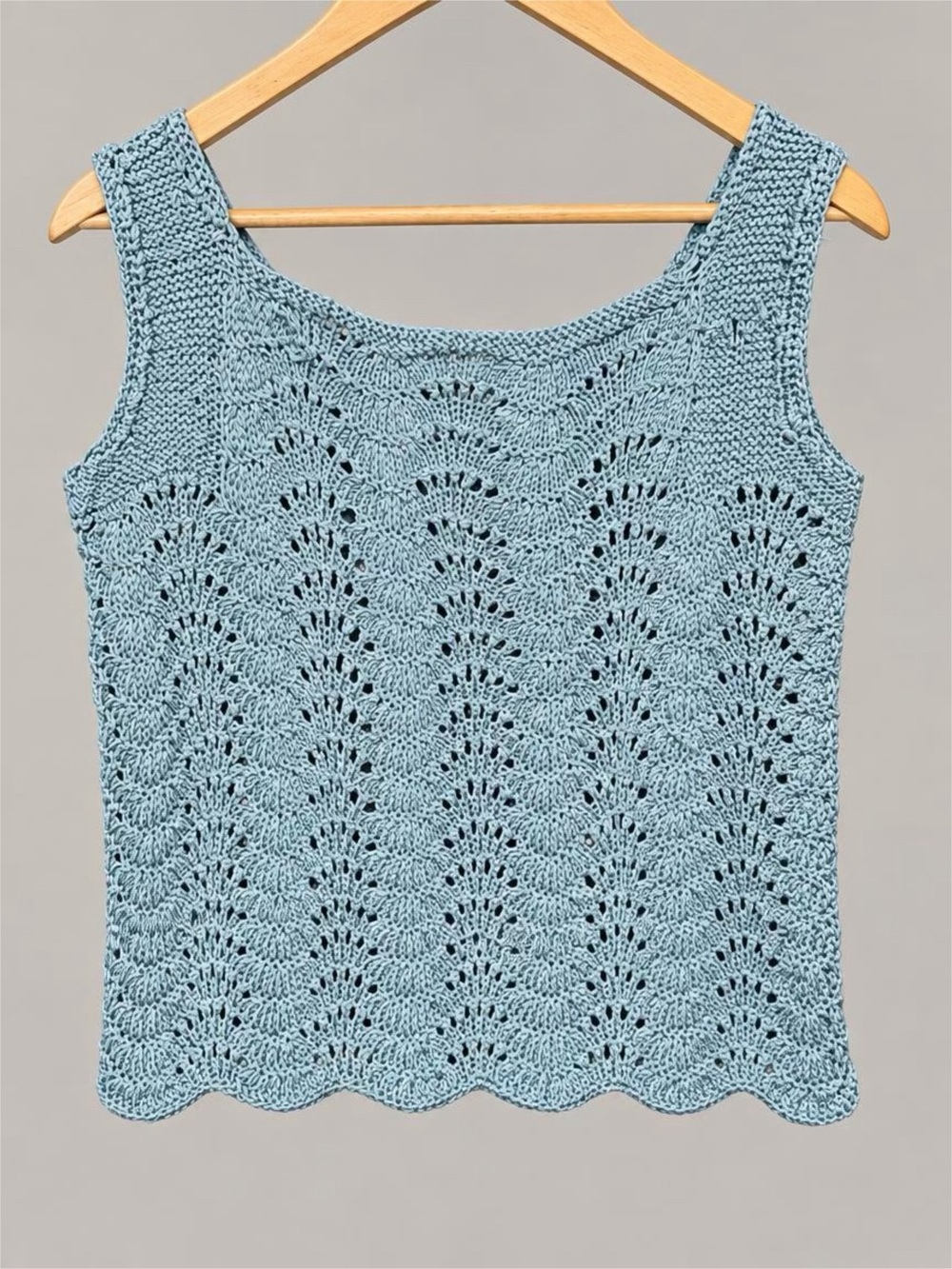 Handmade Blue Lace Knit Cropped Tank Top Scalloped Hem
